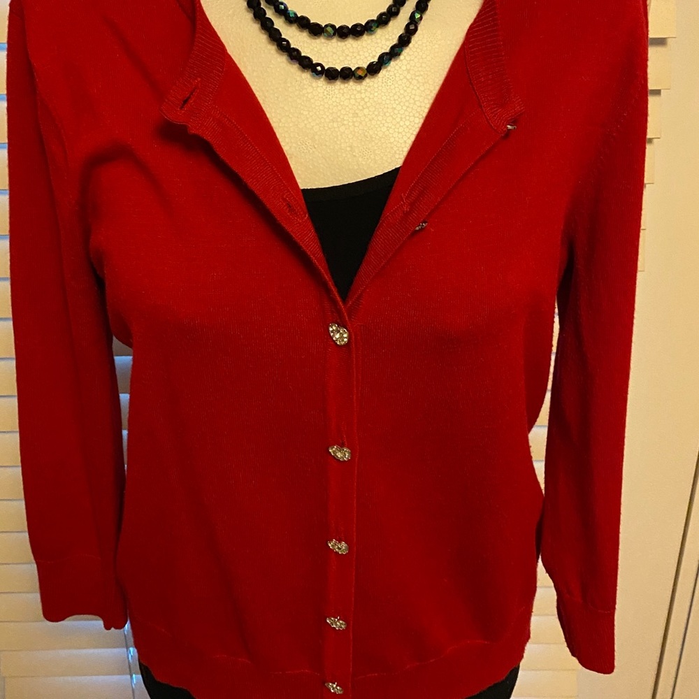 Red Cardigan with jeweled buttons